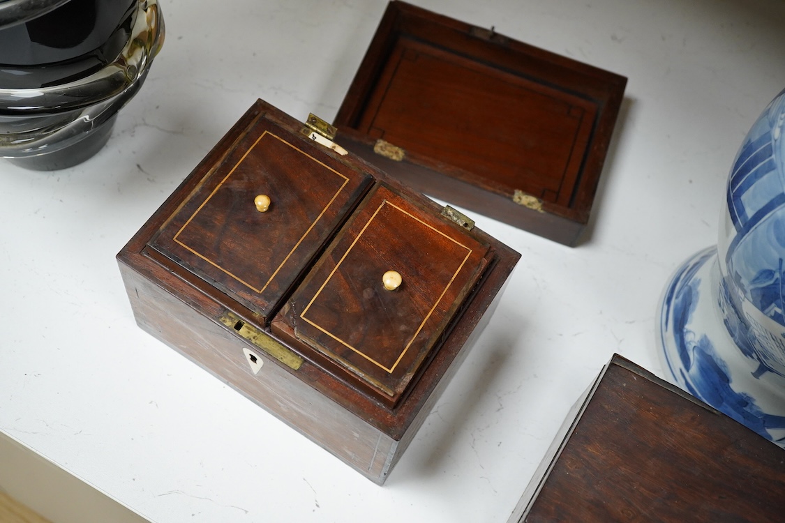 Two 19th century mahogany tea caddies, one with bone escutcheon, largest 20cm wide